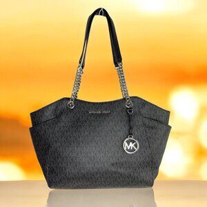 Michael Kors Jet Set Black Signature Logo Shoulder Bag Purse Silver Chain Straps